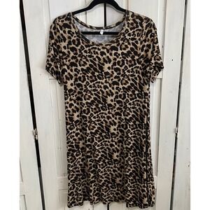 POPYOUNG Leopard Print Casual T Shirt Dress Short Sleeve Midi Women Size‎ L Cute